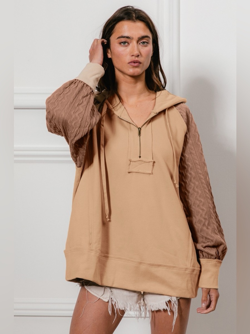 BiBi Half Zip French Terry Hoodie with Kint Sleeves